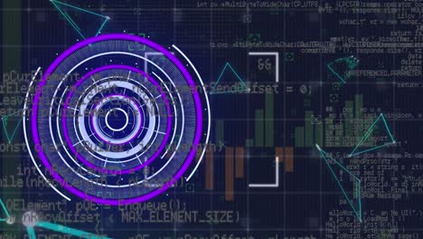 Animation-of-purple-round-scanner,-data-processing-and-plexus-networks-on-blue-background