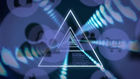 Animation-of-neon-triangular-shapes-in-seamless-pattern-over-digital-icons-and-data-processing