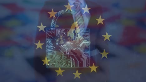 Animation-Von-Vorhängeschloss,-Datenverarbeitung-Und-EU-Flagge