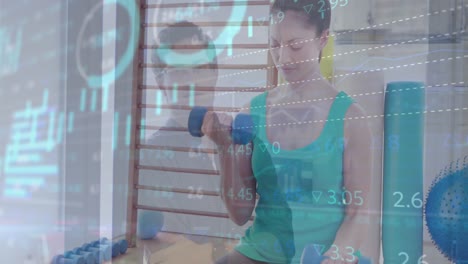 Composite-of-financial-data-processing-over-woman-exercising
