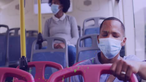 Animation-of-financial-data-processing-and-man-and-woman-in-face-masks-on-bus
