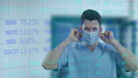 Animation-of-trading-board-over-caucasian-male-doctor-wearing-mask-at-hospital