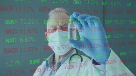 Animation-of-financial-data-processing-and-male-doctor-in-face-mask-holding-vaccine