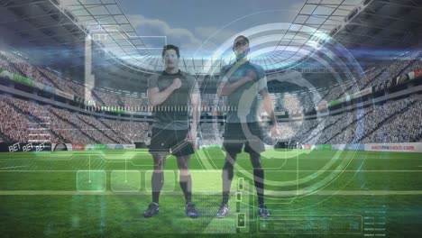 Animation-of-data-processing-over-diverse-rugby-players-at-stadium