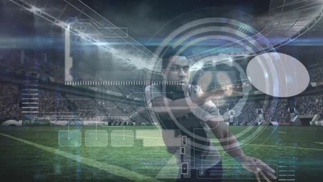Animation-of-data-processing-over-african-american-male-rugby-player-at-stadium