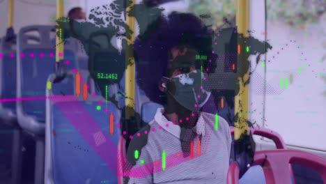 Animation-Der-Datenverarbeitung-über-Einer-Afroamerikanischen-Frau,-Die-Gesichtsmaske-Trägt-Und-Im-Bus-Sitzt