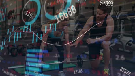 Composite-of-numbers-and-financial-data-processing-over-woman-exercising