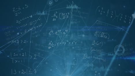 Animation-of-mathematical-equations-and-data-processing-over-black-background