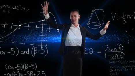 Animation-of-businesswoman-over-mathematical-data-processing