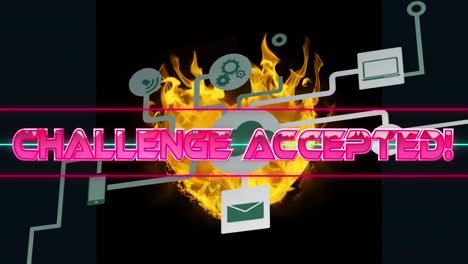 Animation-Des-Textes-„Herausforderung-Angenommen“-über-Mediensymbolen-Und-Flammen