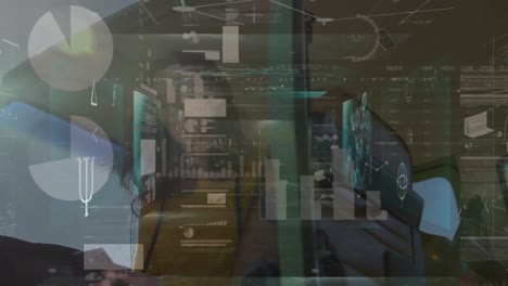 Animation-of-connections-and-data-processing-over-woman-on-bus