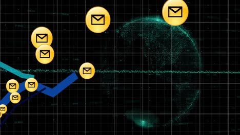 Animation-of-email-icons,-blue-lines-and-financial-data-processing-over-globe