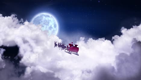 Animación-De-Navidad-Santa-Claus-En-Trineo-Con-Renos-Sobre-Nubes-Y-Luna-Llena