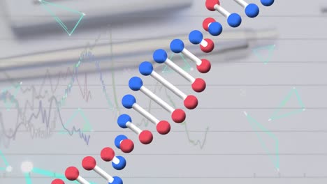 Animation-of-data-processing-and-dna-strand-over-calculator-and-pen