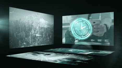 Animation-of-clock-moving-fast-and-data-processing-on-screen