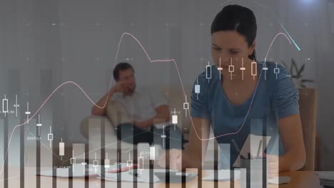 Animation-of-multiple-graphs-moving-over-caucasian-woman-calculating-pending-bills-at-home