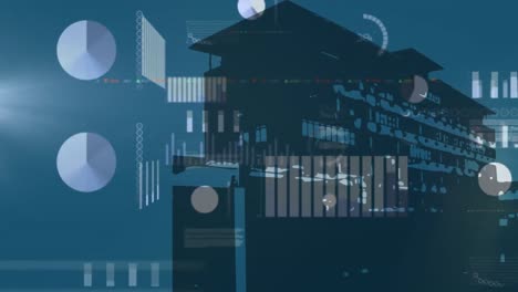 Animation-Der-Infografik-Schnittstelle-Und-Blendenfleck-über-Der-Hausstruktur-Auf-Blauem-Hintergrund