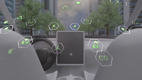 Animación-De-Iconos-De-Procesamiento-De-Datos-Y-Ecología-Sobre-Automóviles-Y-Ciudades