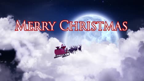 Animation-of-christmas-greetings-text-and-santa-claus-in-sleigh-with-reindeer-over-clouds