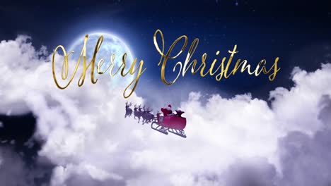 Animation-of-christmas-greetings-text-over-christmas-santa-claus-in-sleigh-with-reindeer