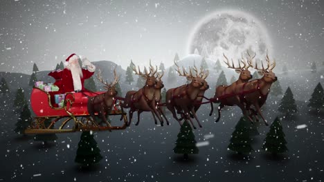 Animación-De-Nieve-Cayendo-Sobre-Navidad-Santa-Claus-En-Trineo-Con-Renos