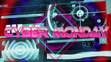 Video-of-cyber-monday-text-over-glowing-pattern-and-data-processing