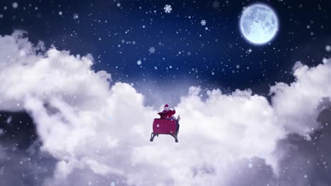 Animation-of-christmas-decorations-and-santa-claus-in-sleigh-with-reindeer-over-full-moon
