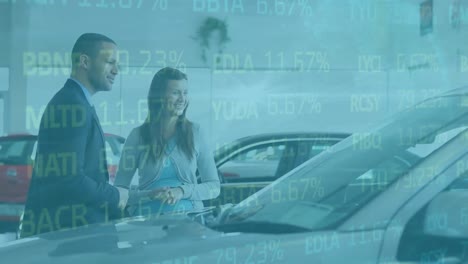 Animation-of-financial-data-processing-over-woman-with-salesman-in-car-dealer-shop
