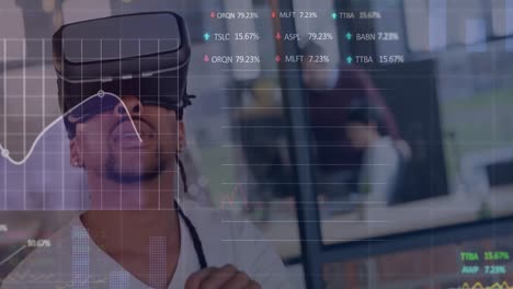 Animation-of-financial-data-processing-over-man-wearing-vr-headset