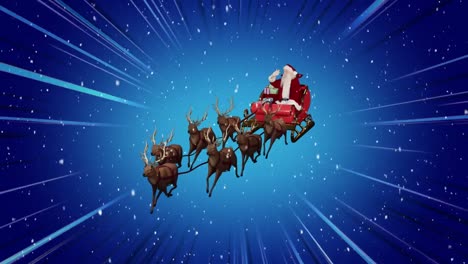 Animation-of-snow-falling-and-santa-claus-in-sleigh-with-reindeer