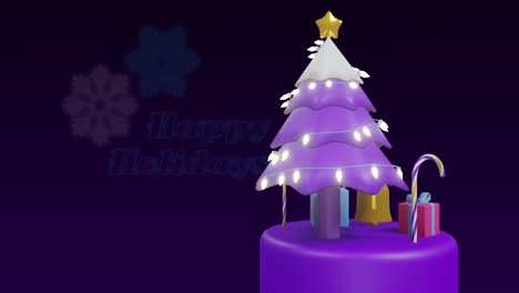 Animation-of-happy-christmas-text-over-christmas-tree-and-decorations-on-black-background