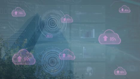 Animation-of-clouds-icons-with-data-processing-over-building
