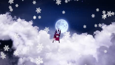 Animation-of-snow-falling-over-christmas-santa-claus-in-sleigh-with-reindeer