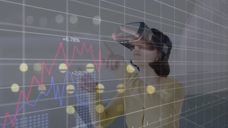 Animation-Der-Finanzdatenverarbeitung-über-Einer-Frau,-Die-Ein-VR-Headset-Trägt