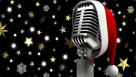 Animation-of-retro-microphone-with-santa-hat-over-christmas-decorations-on-black-background