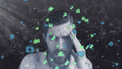 Animation-of-icons-and-connected-dots-forming-geometric-shapes-over-stressed-caucasian-man