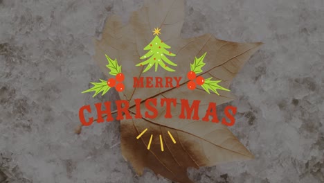 Animation-of-christmas-greetings-text-over-christmas-decorations-and-leaf-in-snow