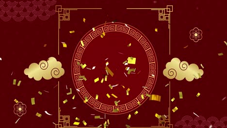 Animation-Traditioneller-Chinesischer-Dekorationen-Und-Konfetti-Auf-Rotem-Hintergrund