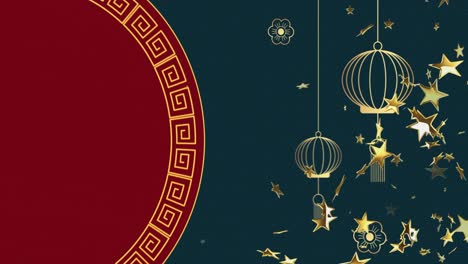 Animación-De-Decoraciones-Tradicionales-Chinas-Y-Estrellas-Sobre-Fondo-Oscuro