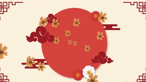 Animation-of-chinese-traditional-decorations-and-circle-on-cream-background