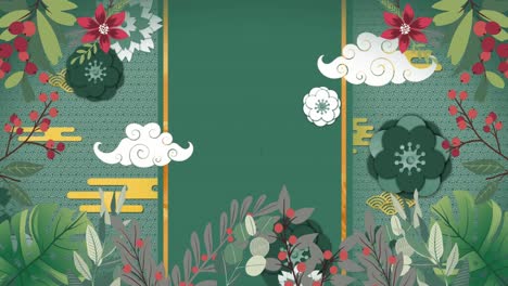Animation-of-chinese-traditional-decorations-with-copy-space-on-green-background