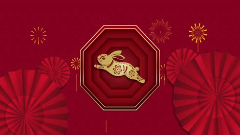 Animation-of-chinese-traditional-decorations-with-rabbit-on-red-background