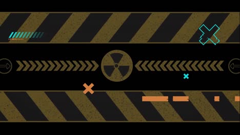 Animation-of-moving-shapes-and-nuclear-symbol-over-black-background