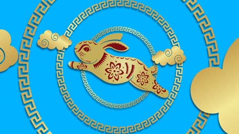 Animation-of-chinese-traditional-decorations-with-rabbit-on-blue-background