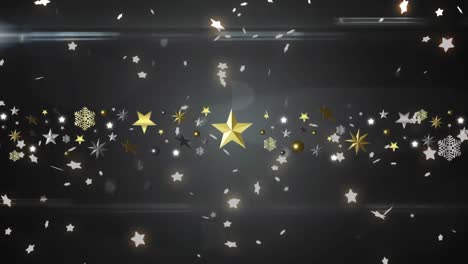 Animation-of-stars-falling-over-christmas-decorations-on-black-background