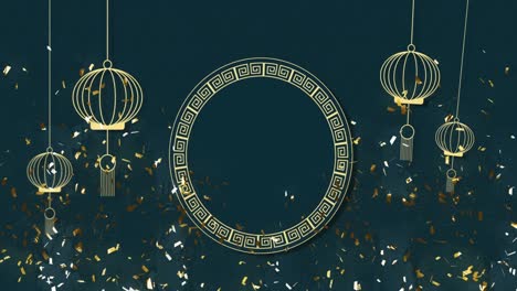 Animation-of-chinese-traditional-decorations-with-confetti-on-dark-background