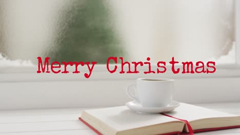 Animation-of-christmas-greetings-text-over-open-book-and-cup