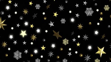 Animation-of-snow-falling-over-christmas-decorations-on-black-background