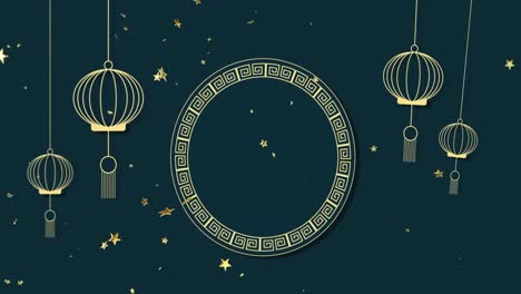 Animation-of-chinese-traditional-decorations-and-stars-on-dark-background