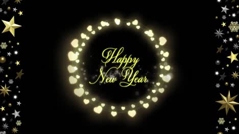 Animation-of-new-year-greetings-text-and-decorations-on-black-background